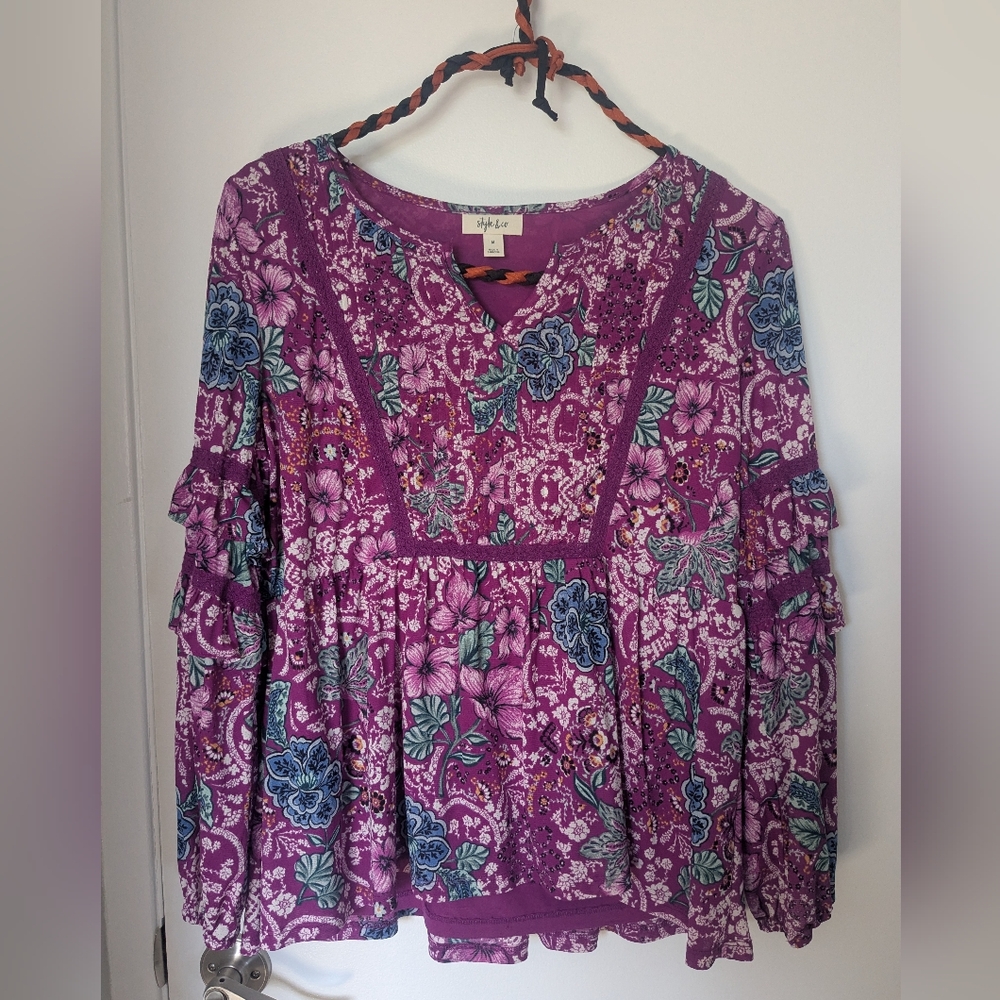 Style & Co Boho Floral Blouse | Purple Long Sleeve Ruffle Top (Medium)